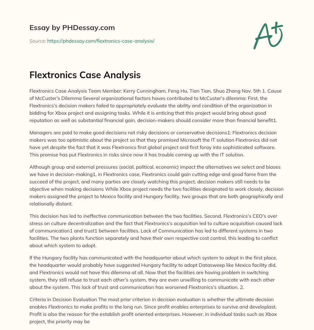Flextronics Case Analysis essay