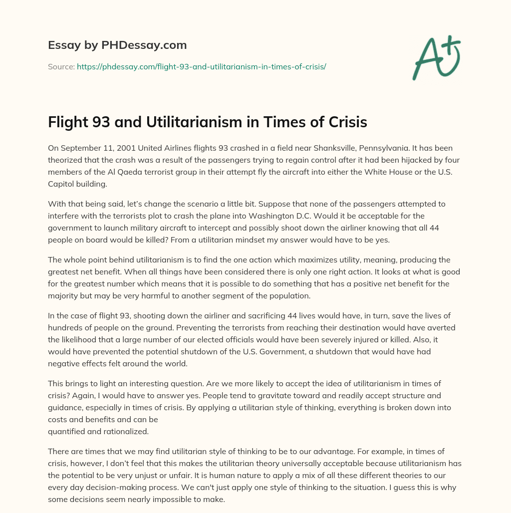 Flight 93 and Utilitarianism in Times of Crisis essay