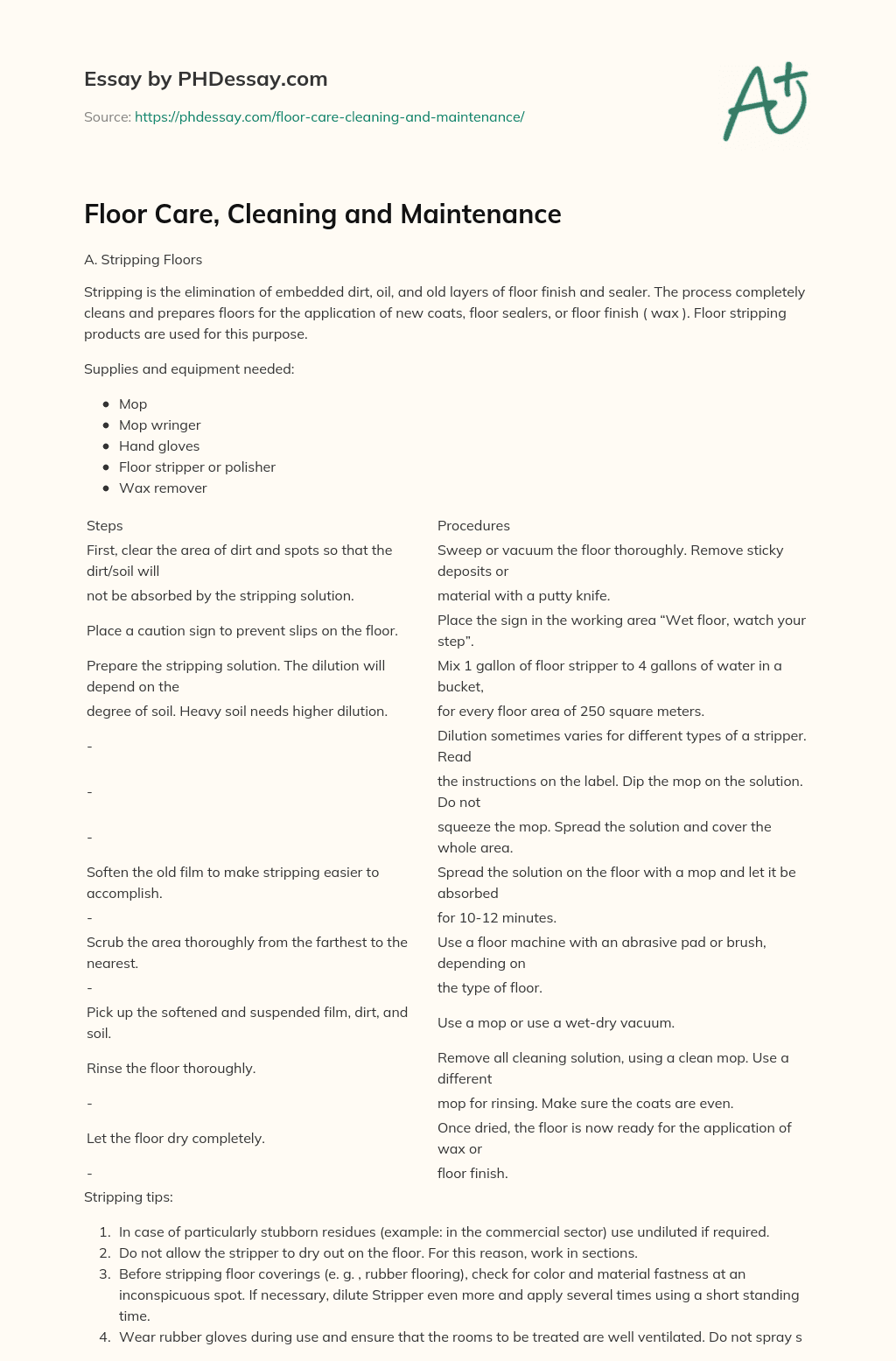 Floor Care, Cleaning and Maintenance essay