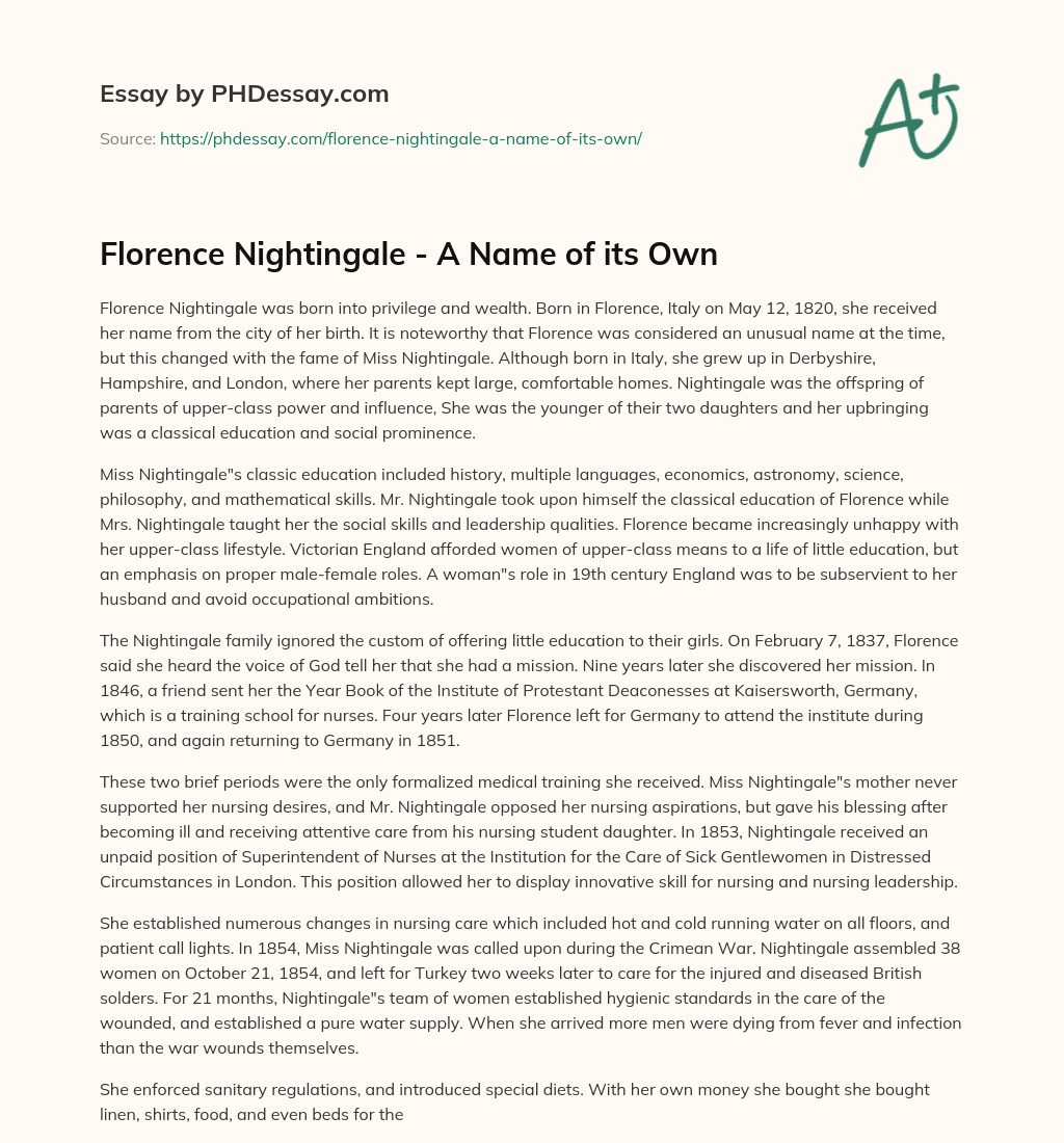 Florence Nightingale – A Name of its Own essay
