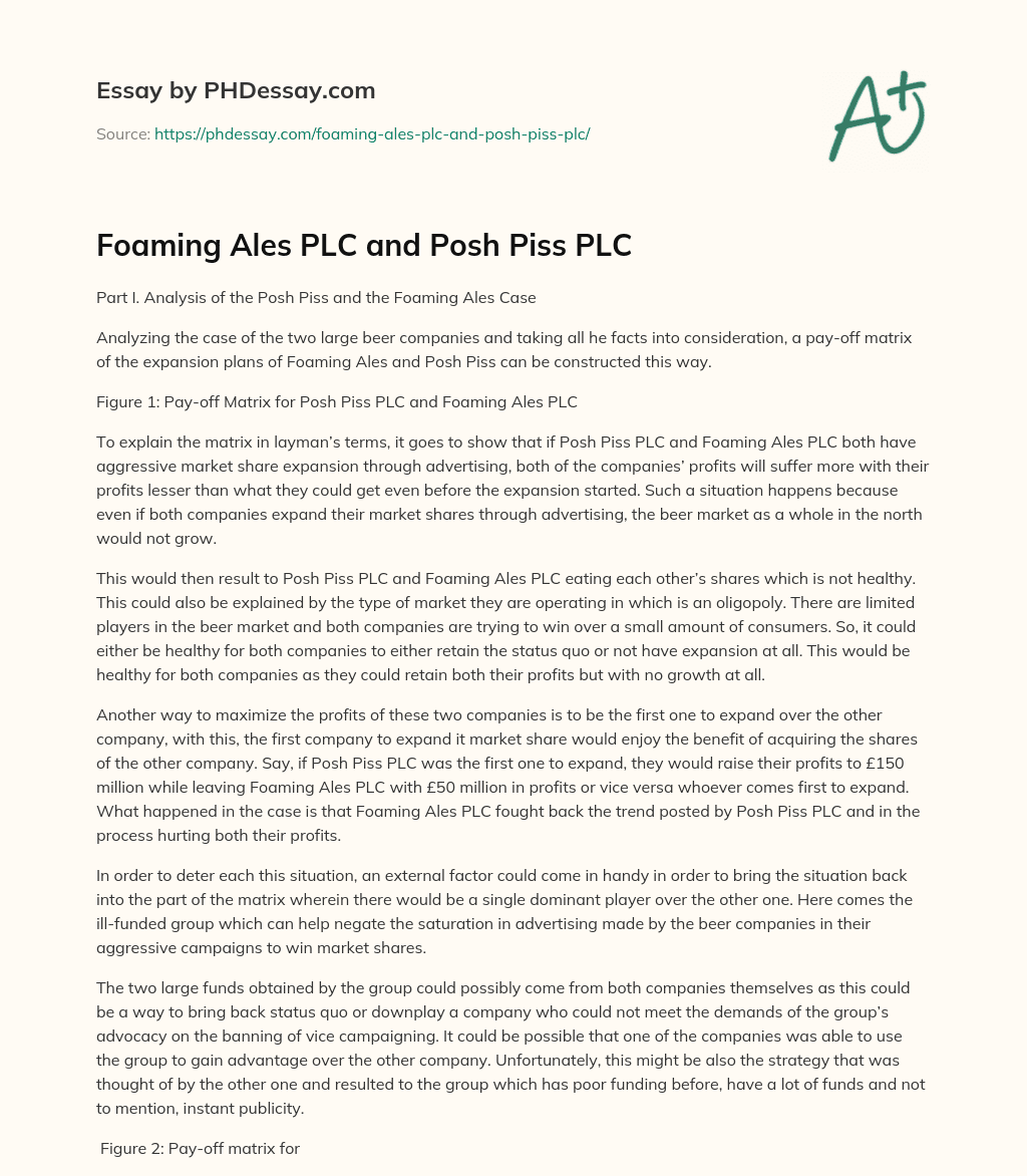 Foaming Ales PLC and Posh Piss PLC essay