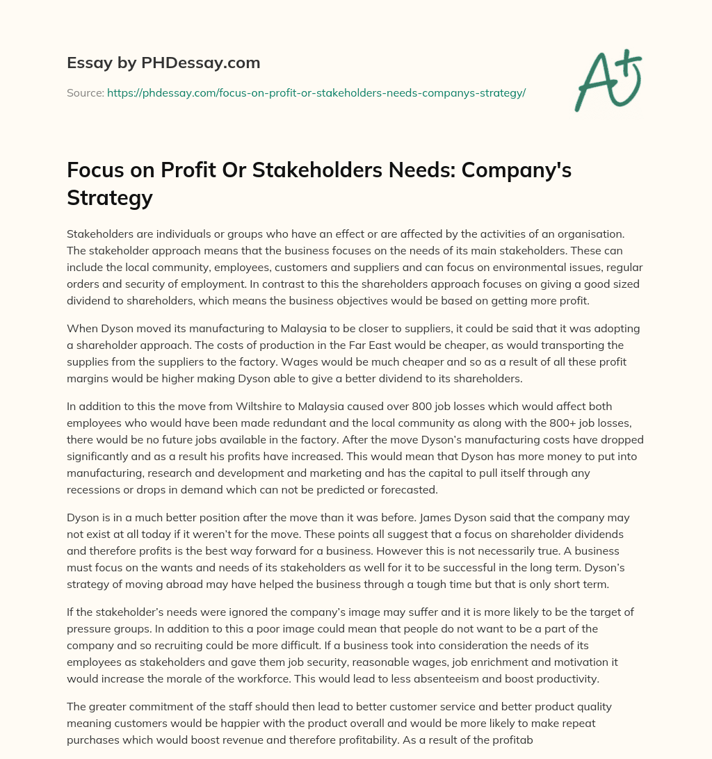 Focus on Profit Or Stakeholders Needs: Company’s Strategy essay