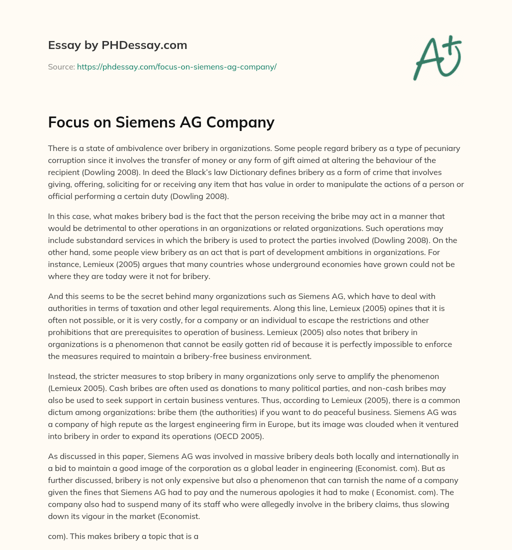Focus on Siemens AG Company essay