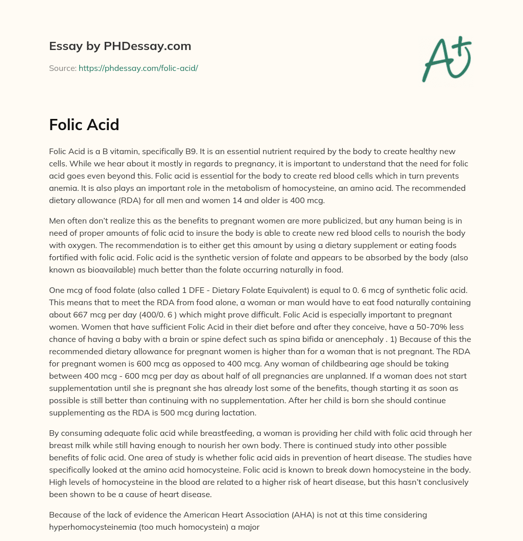 Importance of Folic Acid for Overall Health and Pregnancy essay