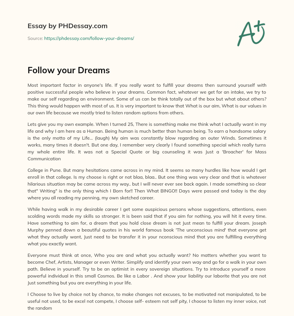 essay on follow your dreams