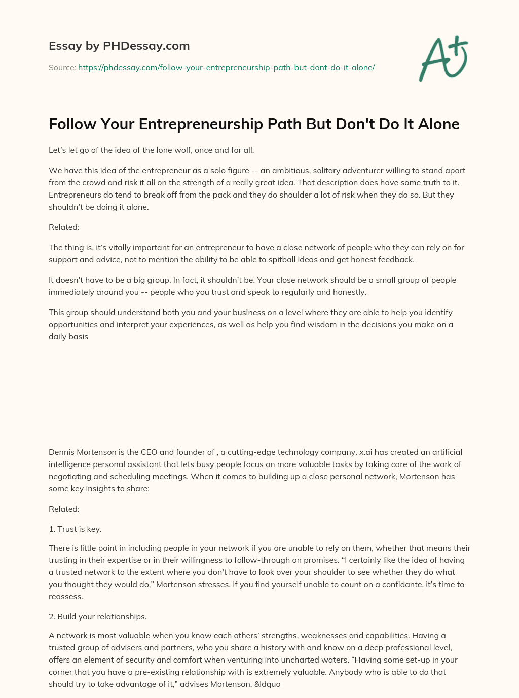 Follow Your Entrepreneurship Path But Don’t Do It Alone essay