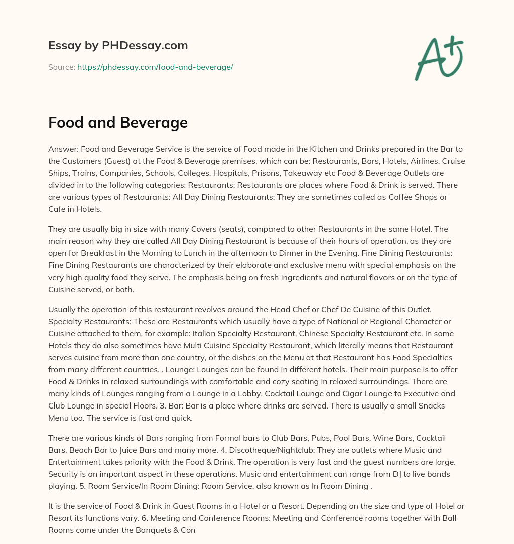 Food and Beverage essay
