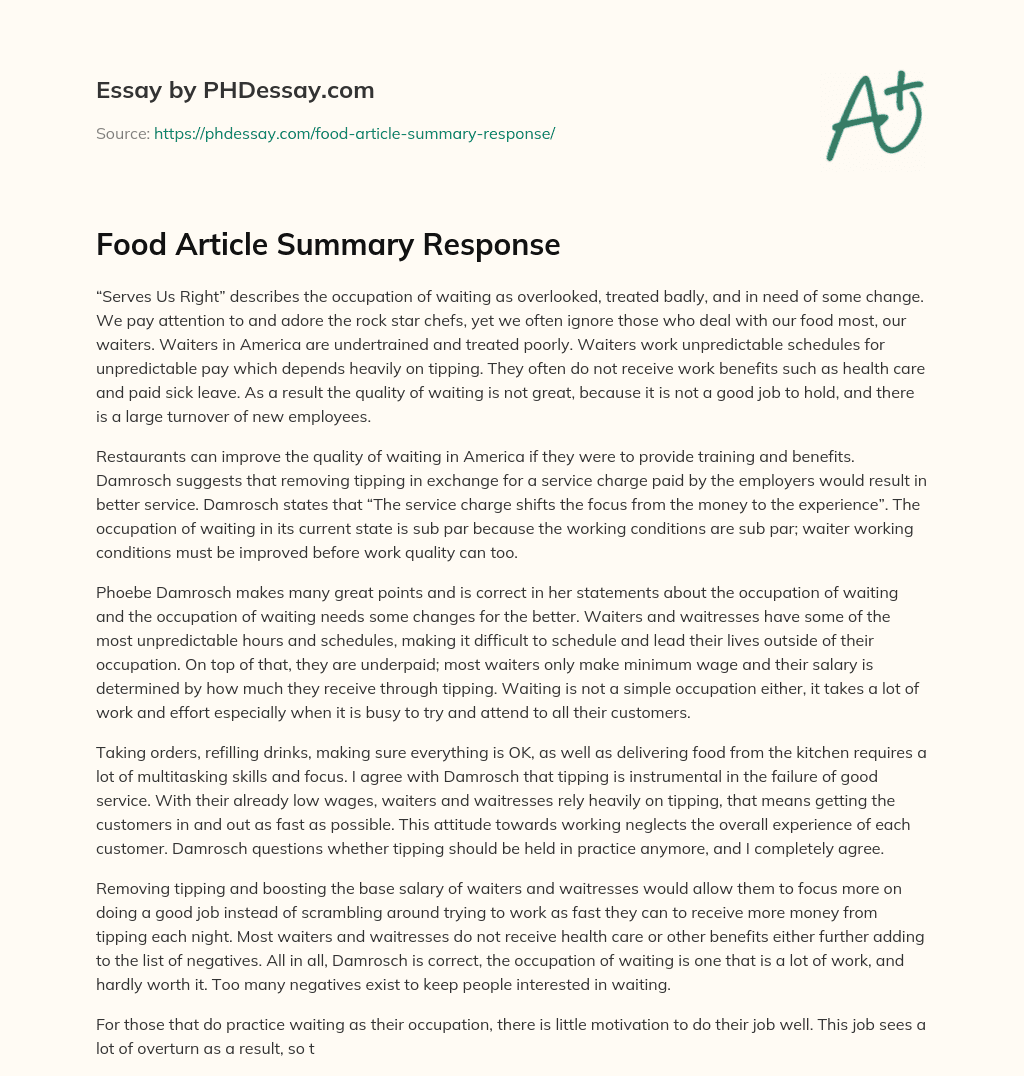 Food Article Summary Response essay