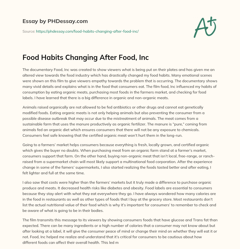 Food Habits Changing After Food, Inc essay