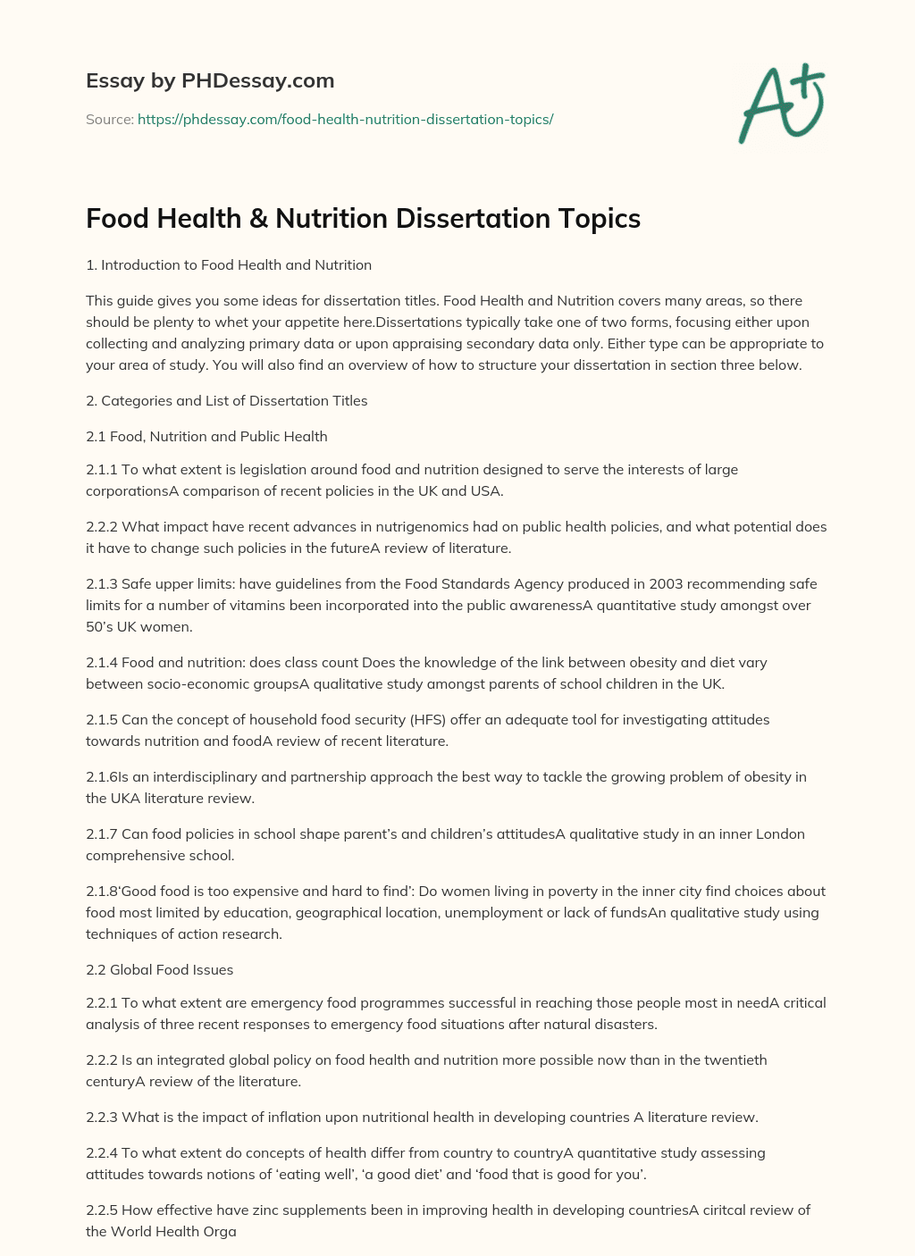 dissertation topics related to nutrition