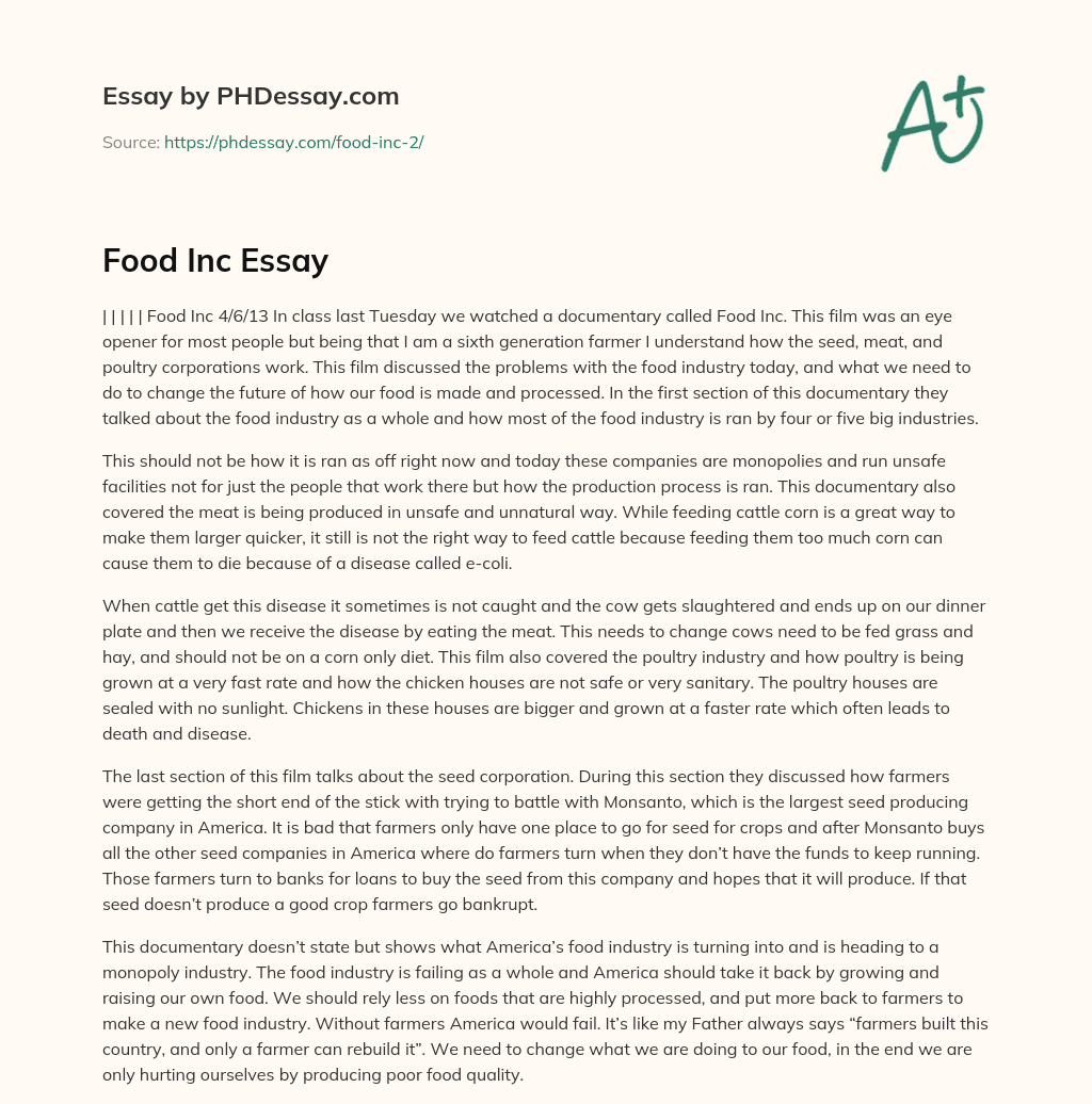 Food Inc Essay essay