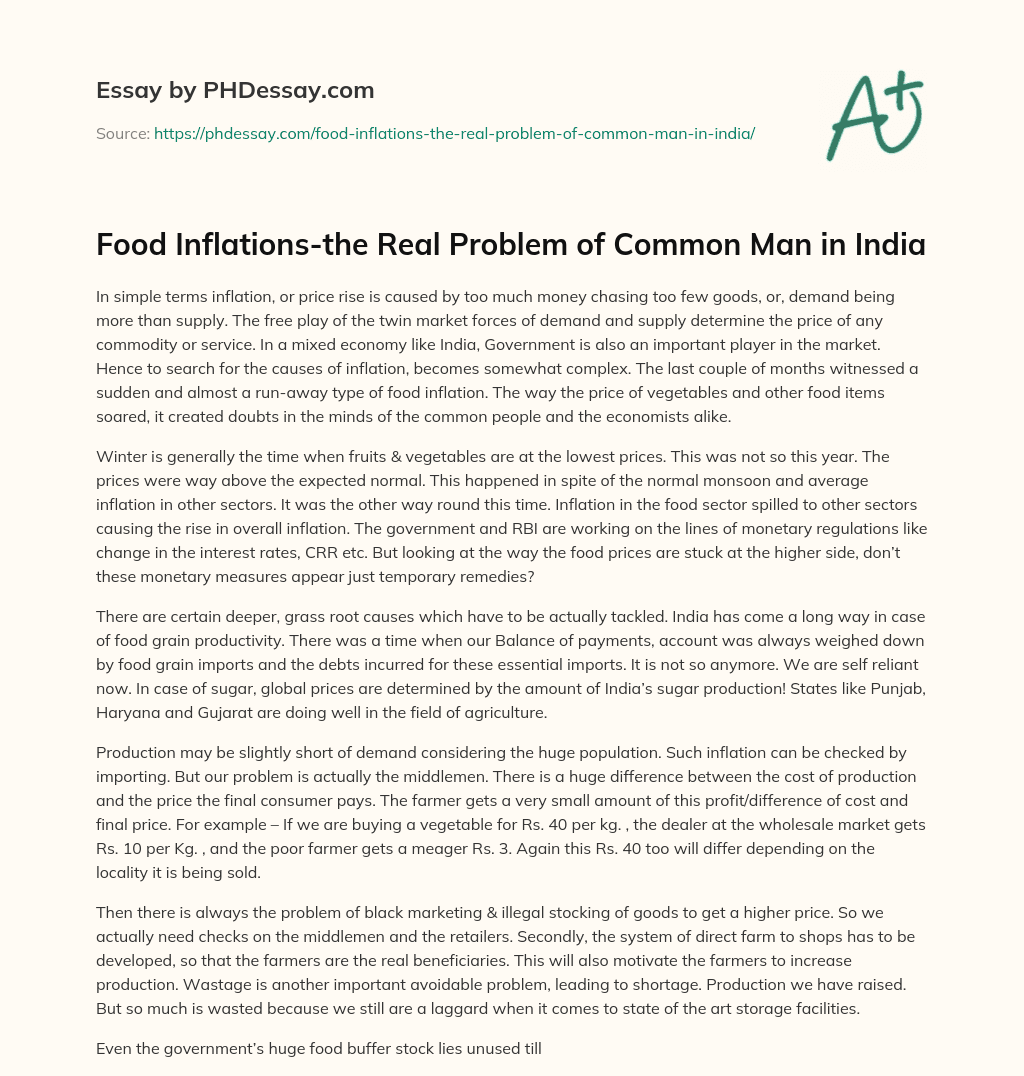 Food Inflations-the Real Problem of Common Man in India essay