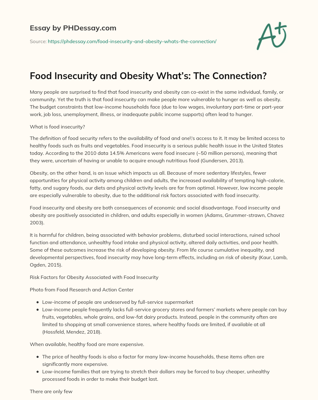 Food Insecurity and Obesity What’s: The Connection? essay