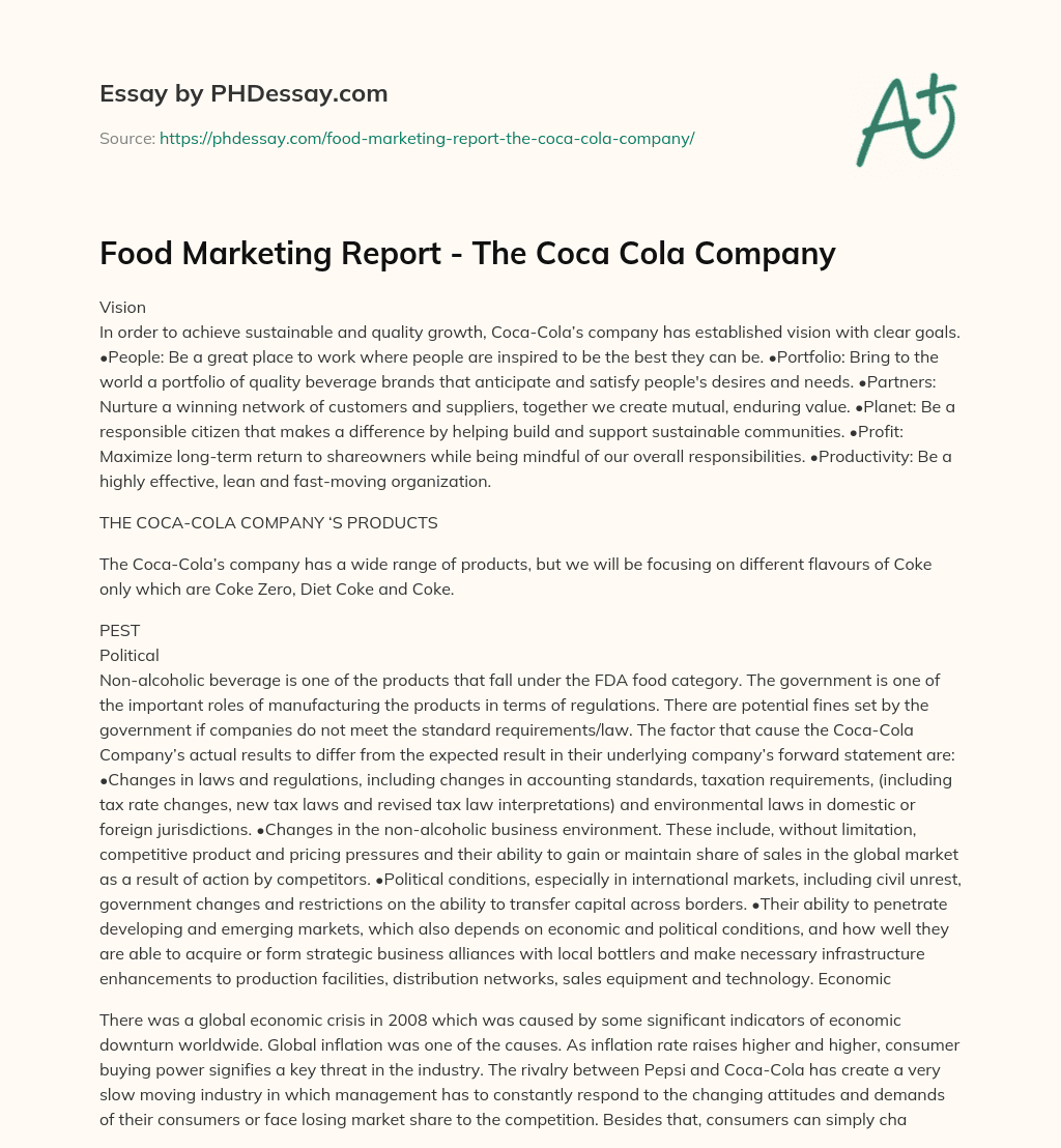 Food Marketing Report – The Coca Cola Company essay