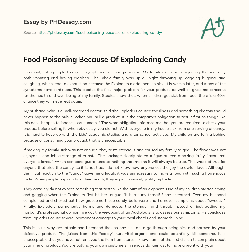 Food Poisoning Because Of Explodering Candy essay