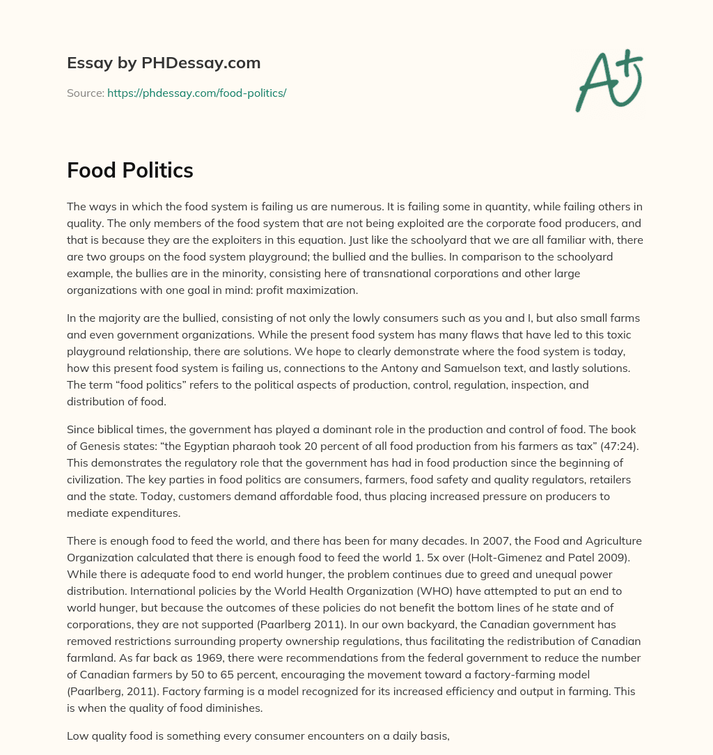 The Exploitative Nature of the Food System: Bullying by Corporate Producers and Solutions essay