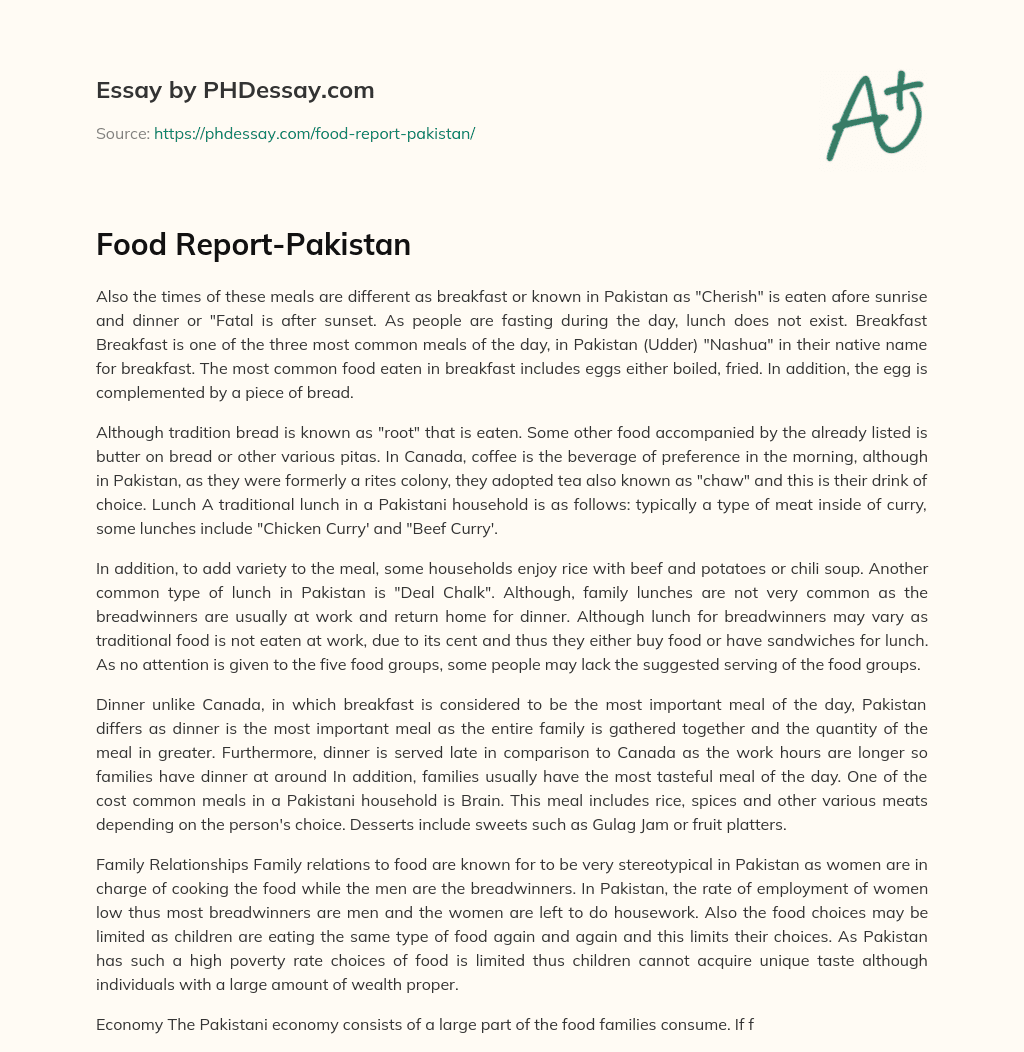 Food Report-Pakistan essay