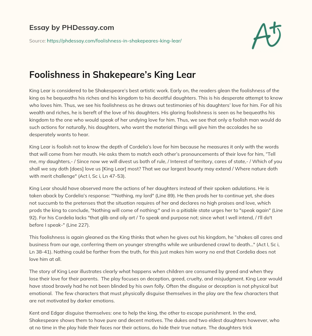 Foolishness in Shakepeare’s King Lear essay