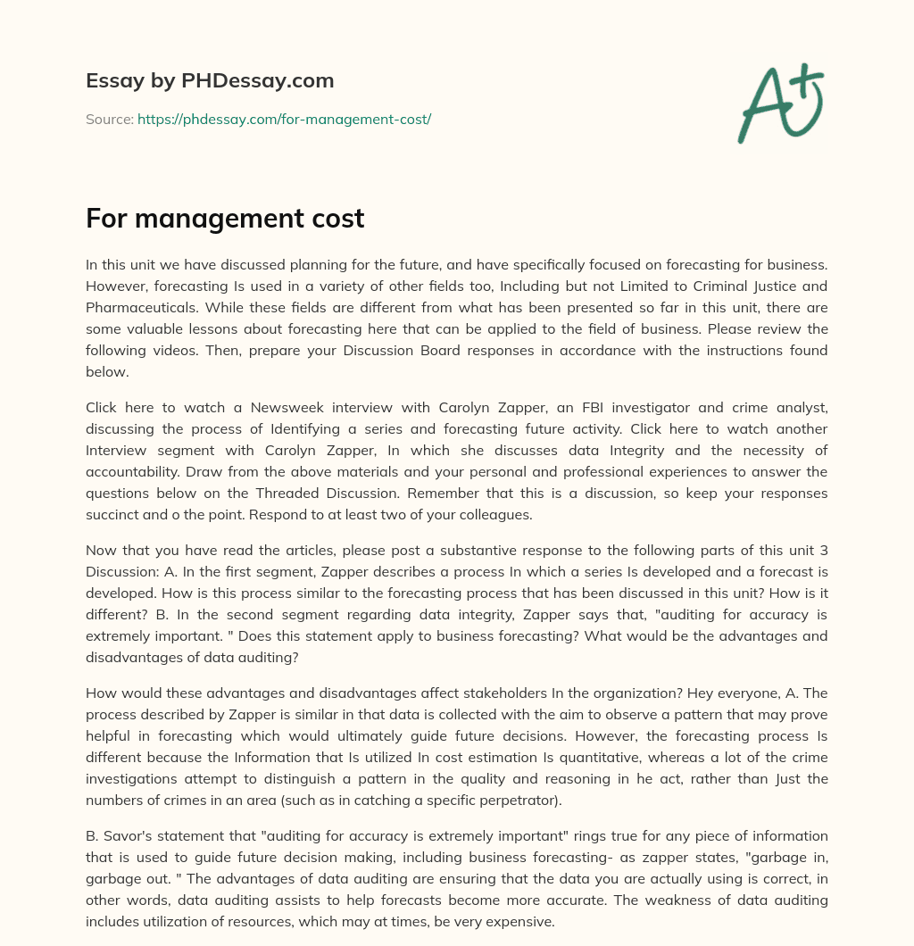 For management cost essay