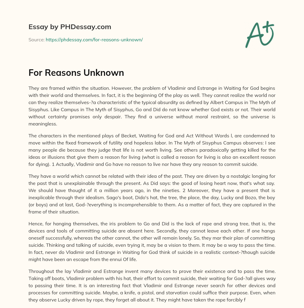 For Reasons Unknown essay