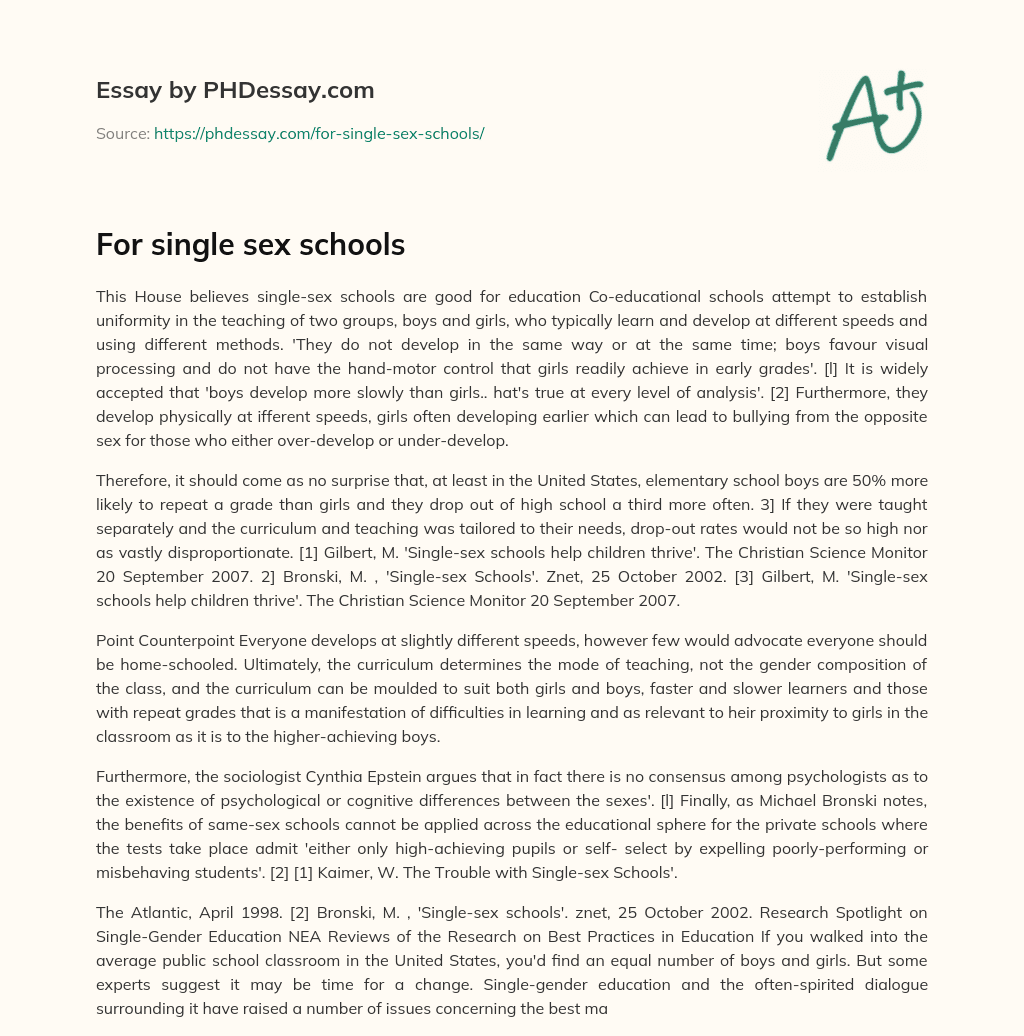 For single sex schools essay