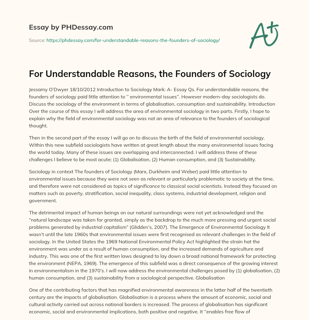 For Understandable Reasons, the Founders of Sociology essay