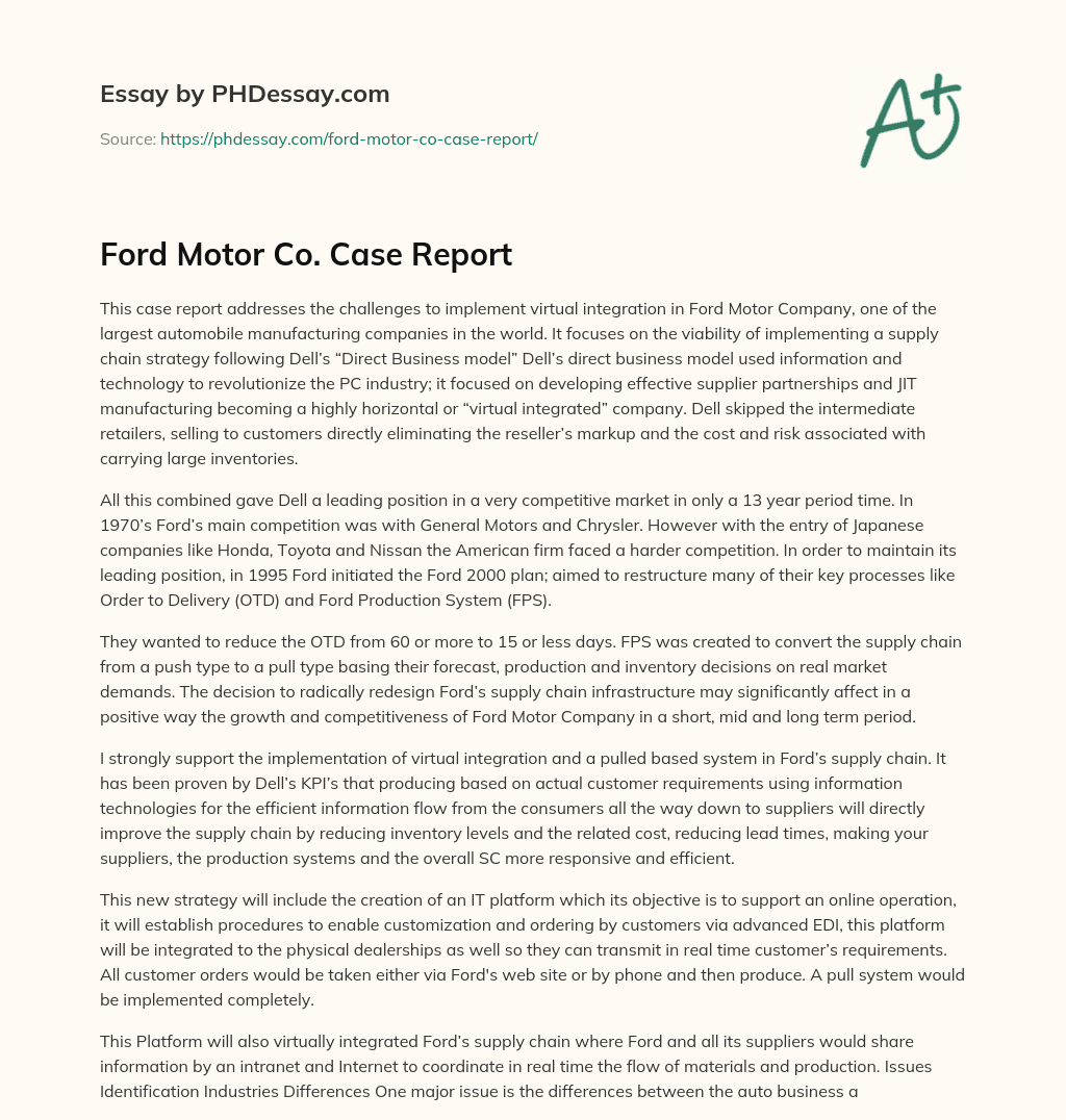 Ford Motor Co. Case Report essay
