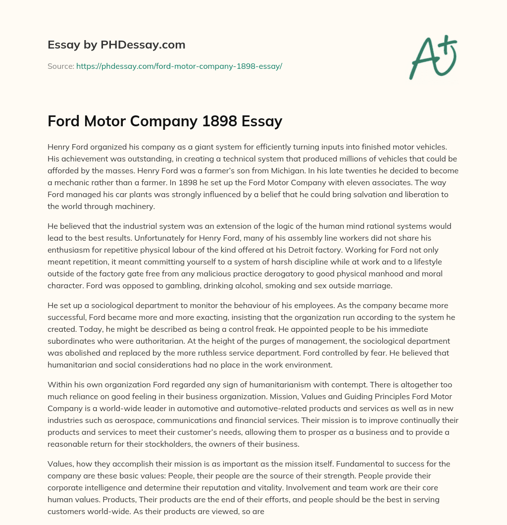 Ford Motor Company 1898 Essay essay