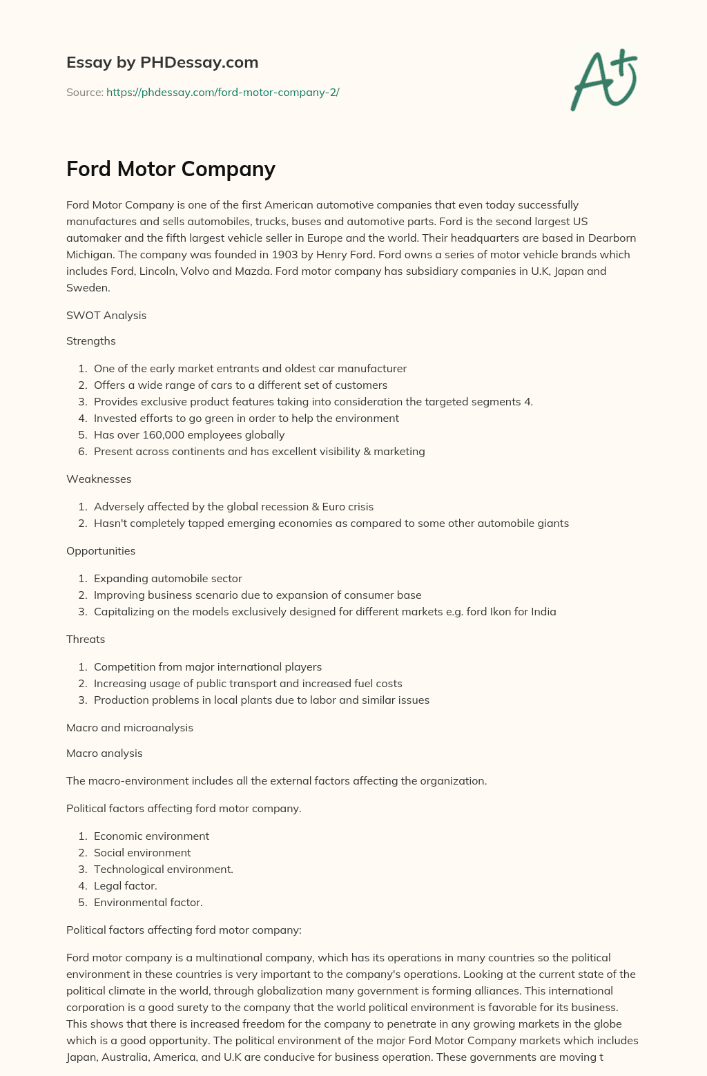 Ford Motor Company: Overview and Political Factors Analysis essay