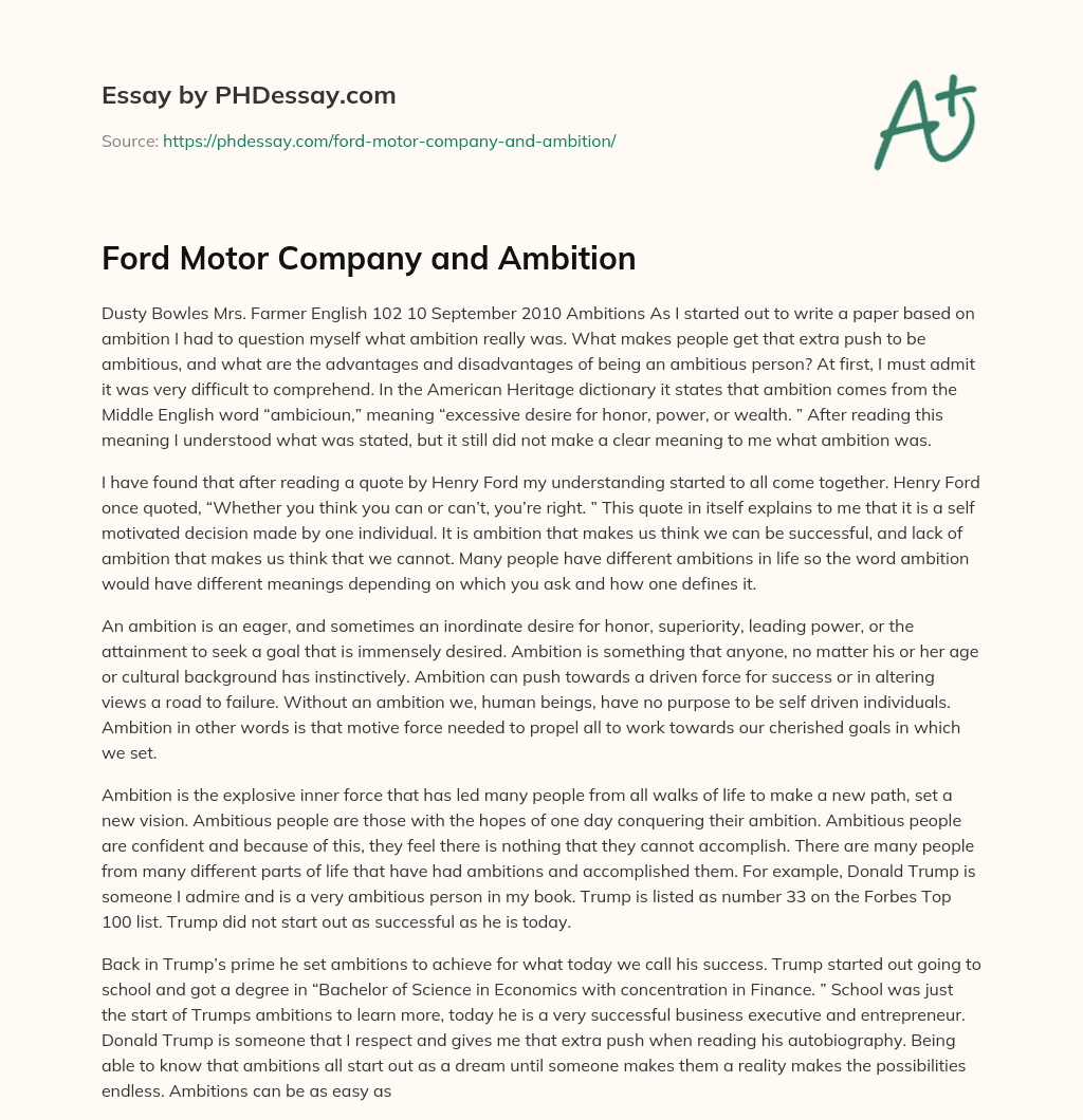 Ford Motor Company and Ambition essay