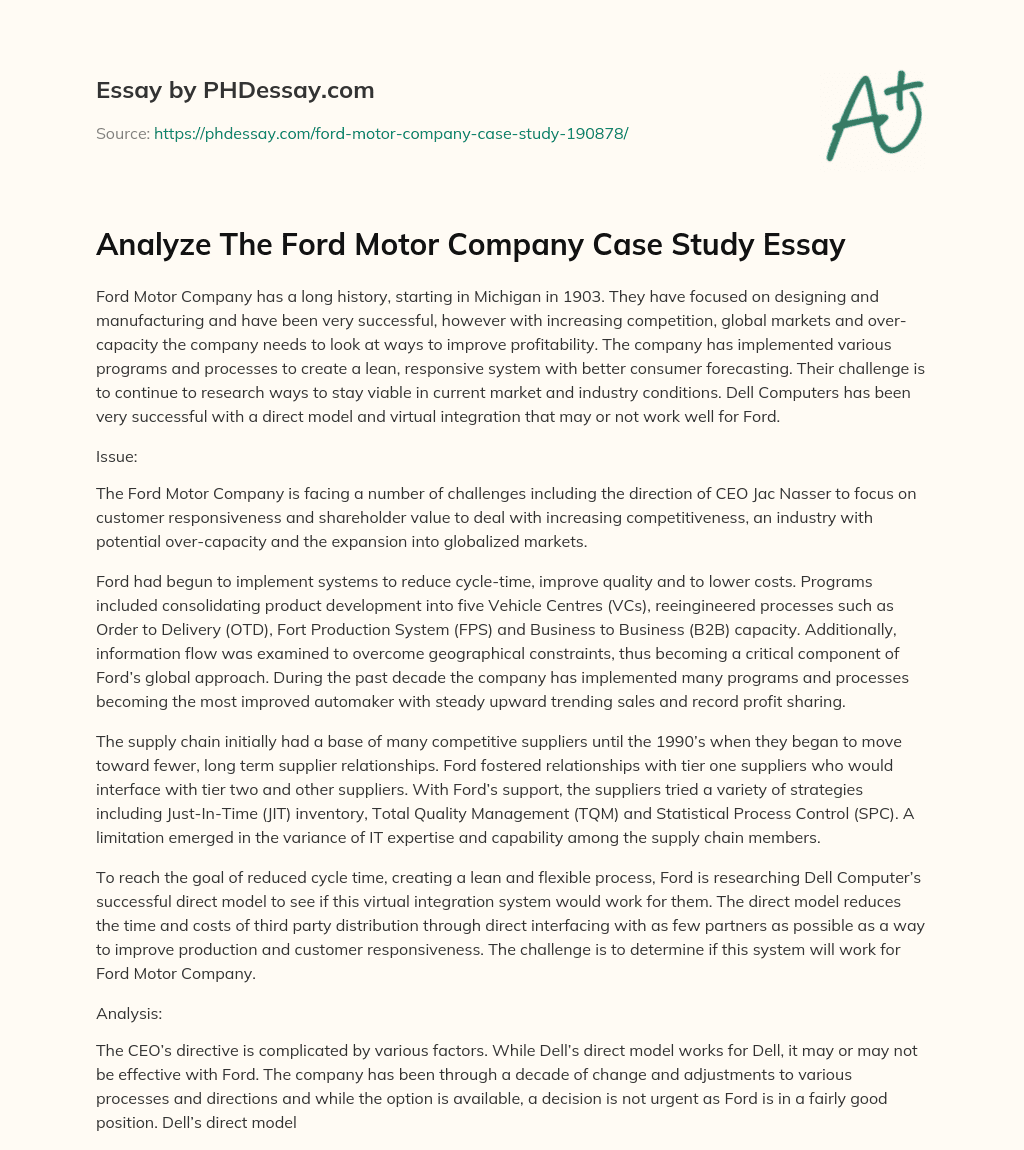 Ford Motor Company’s Challenges and Strategies for Improving Profitability and Competitiveness in Global Markets essay