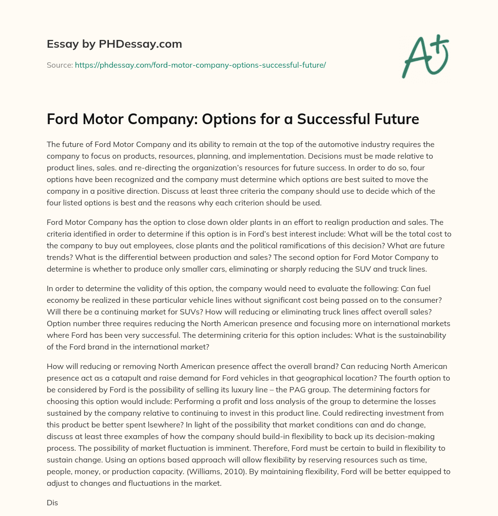 Ford Motor Company: Options for a Successful Future essay