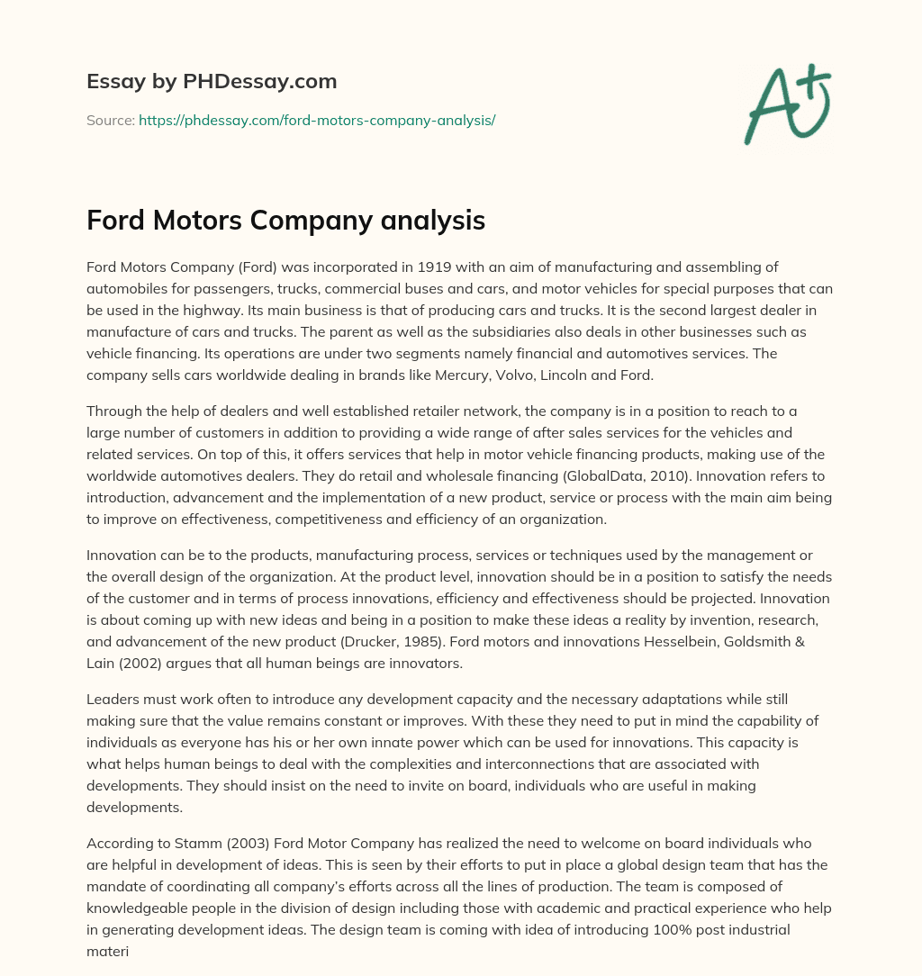 Ford Motors Company analysis essay