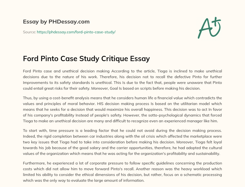 Ford Pinto Case Study Critique Essay essay