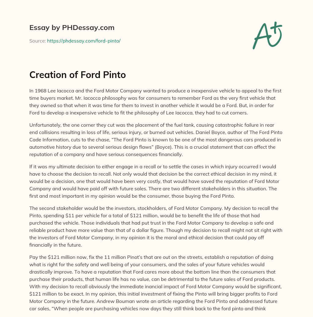 Creation of Ford Pinto essay