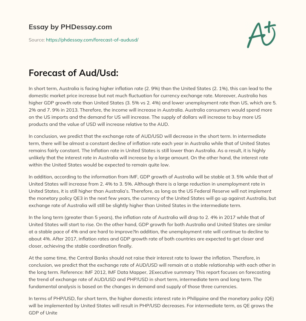Forecast of Aud/Usd: essay