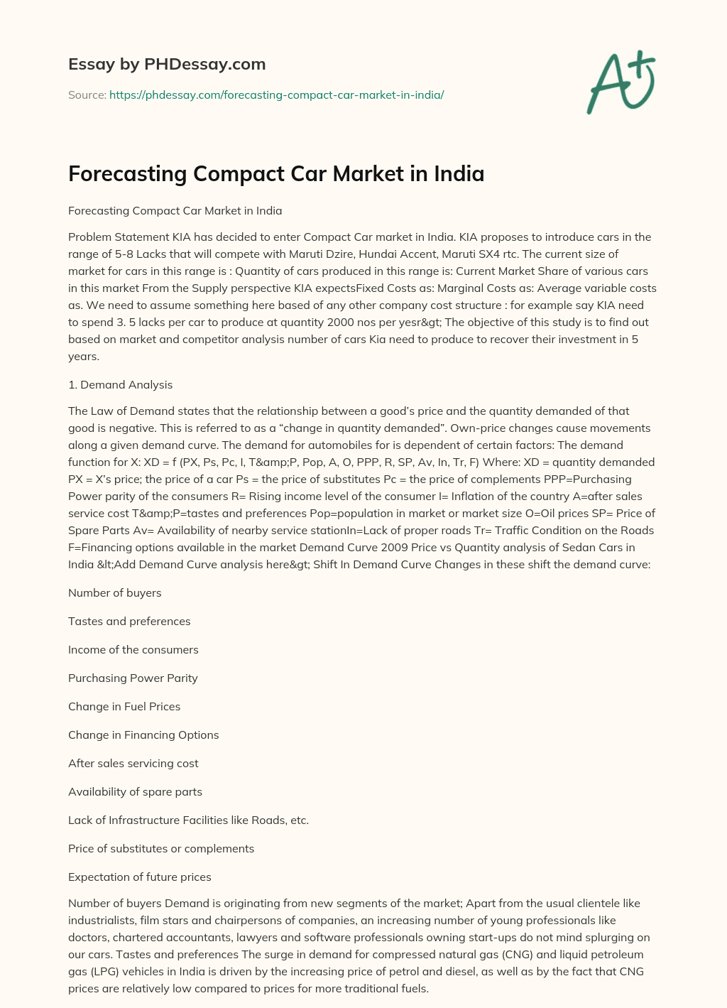 Forecasting Compact Car Market in India essay
