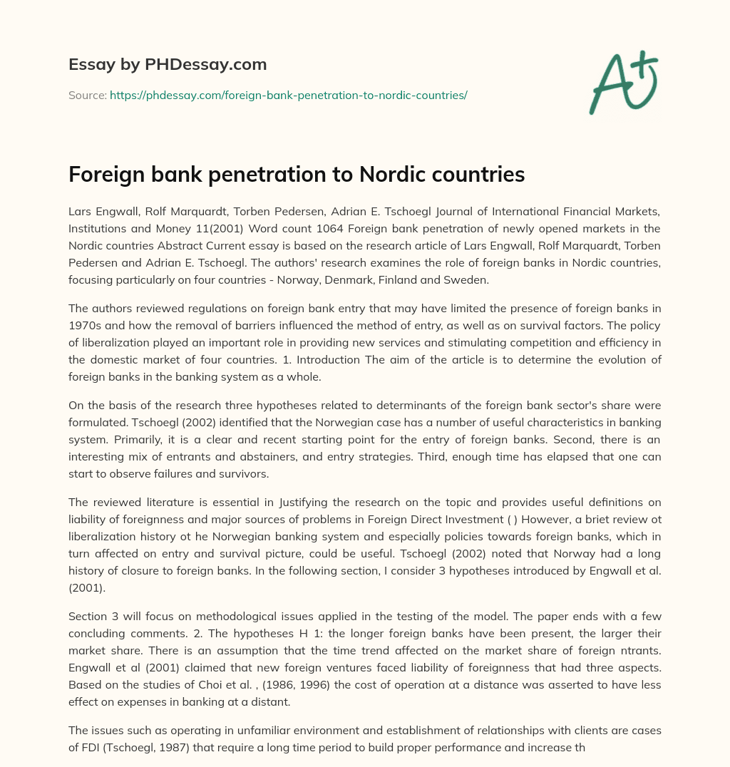 Foreign bank penetration to Nordic countries essay