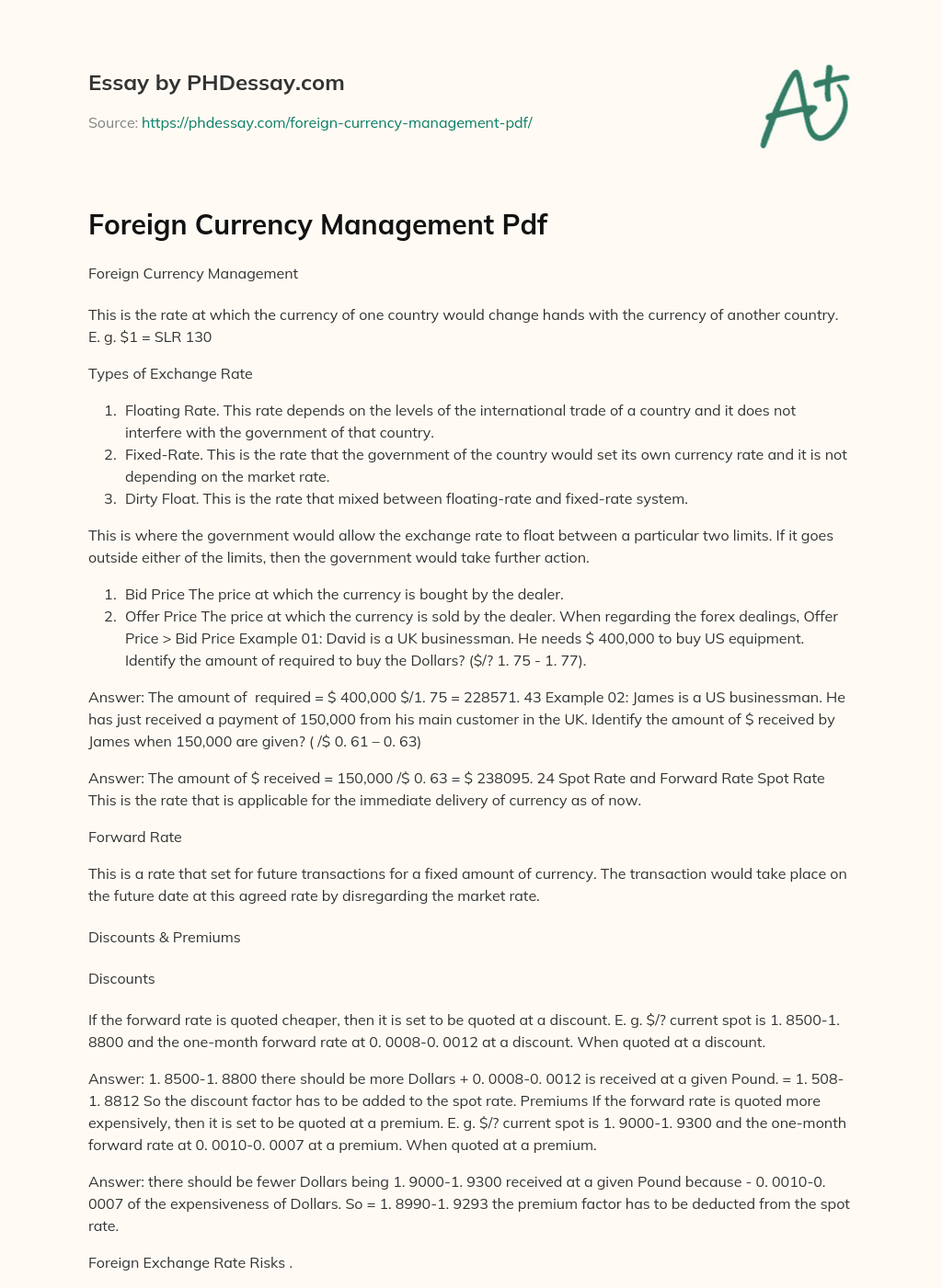 Foreign Currency Management Pdf essay
