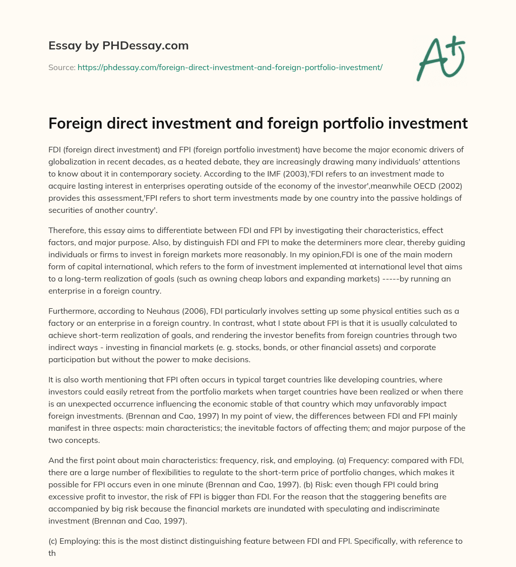 Foreign direct investment and foreign portfolio investment essay
