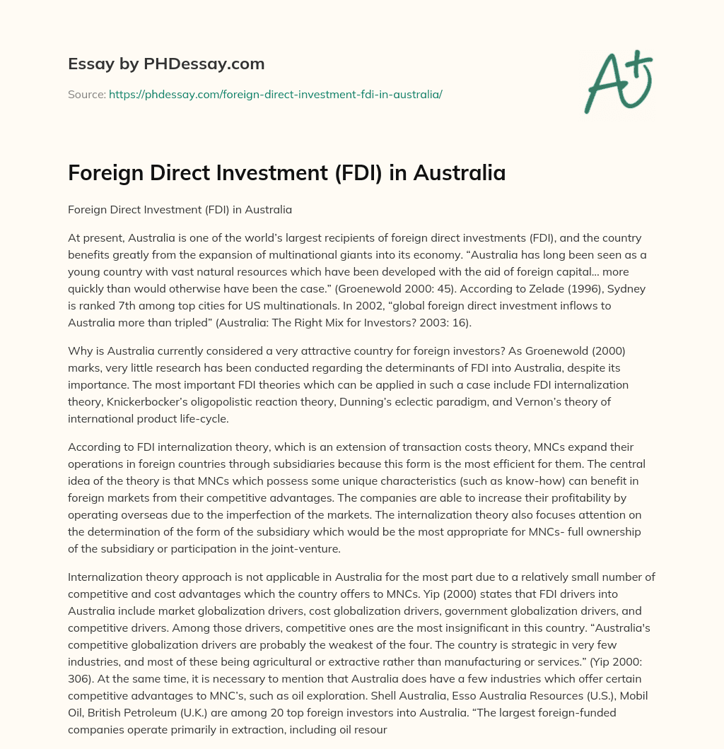 Foreign Direct Investment (FDI) in Australia essay