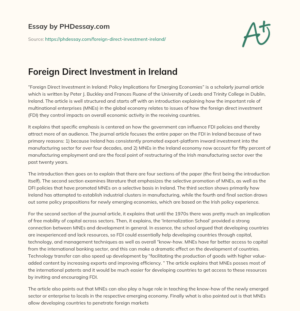 Foreign Direct Investment in Ireland essay