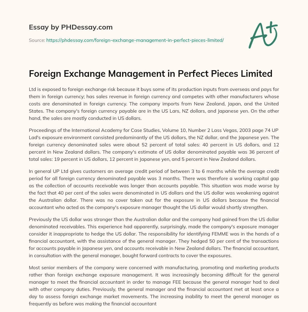 Foreign Exchange Management in Perfect Pieces Limited essay