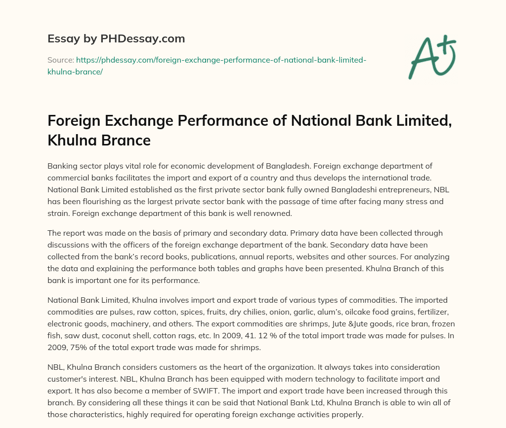 Foreign Exchange Performance of National Bank Limited, Khulna Brance essay