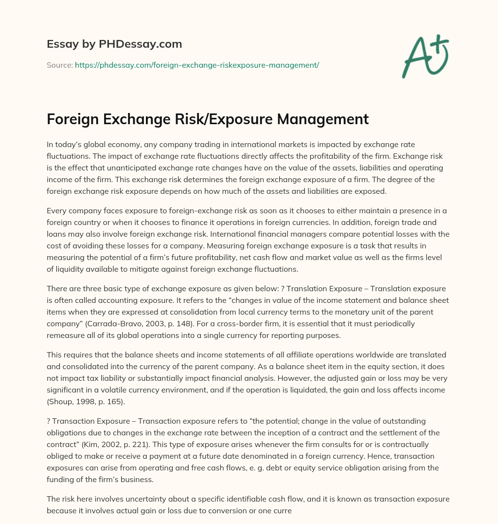 Foreign Exchange Risk/Exposure Management essay