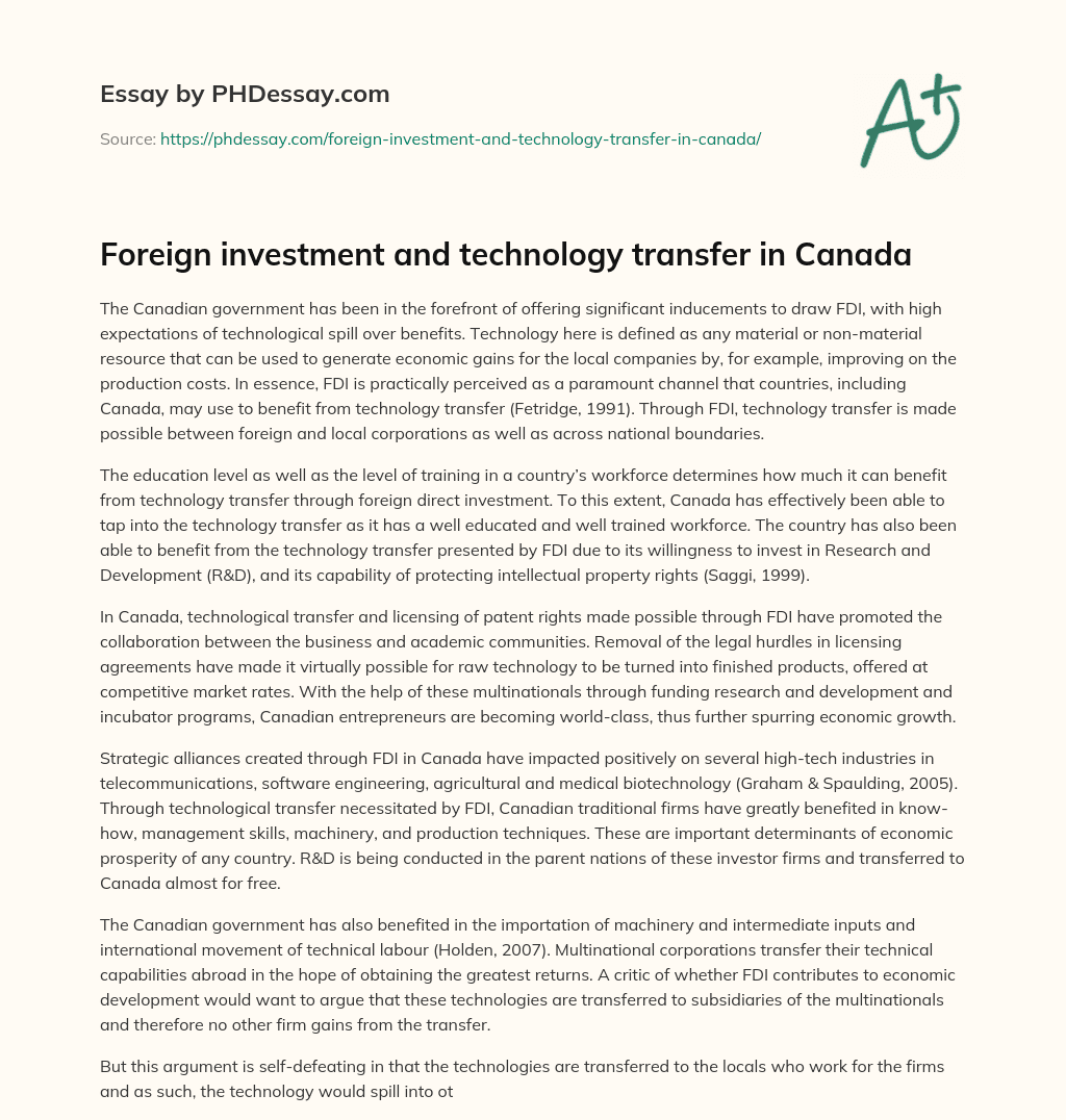 Foreign investment and technology transfer in Canada essay