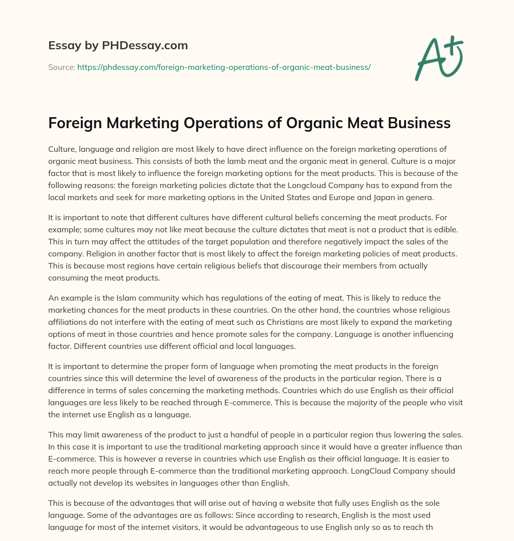 Foreign Marketing Operations of Organic Meat Business essay