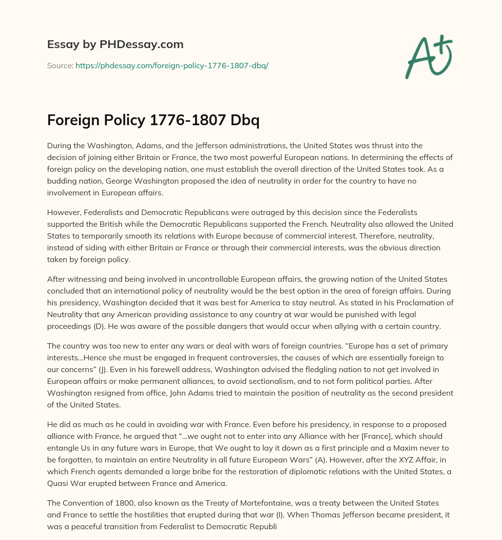 Foreign Policy 1776-1807 Dbq essay