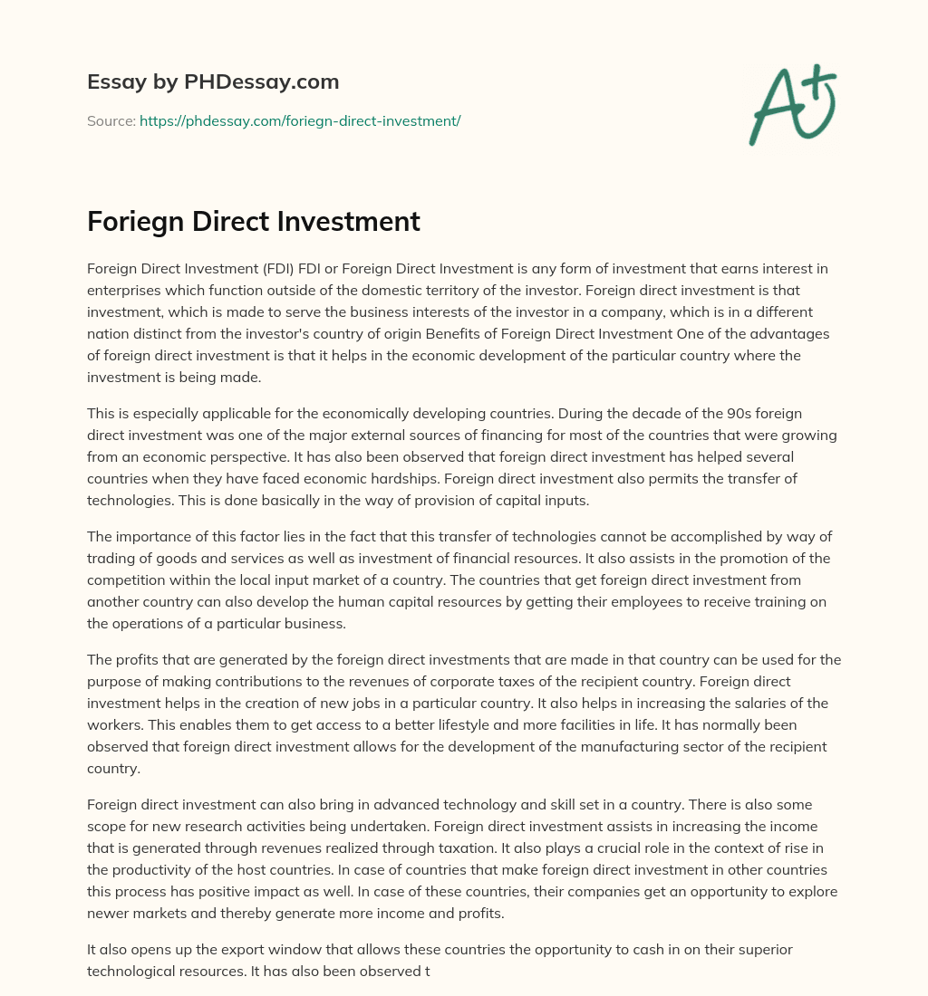 Foriegn Direct Investment essay