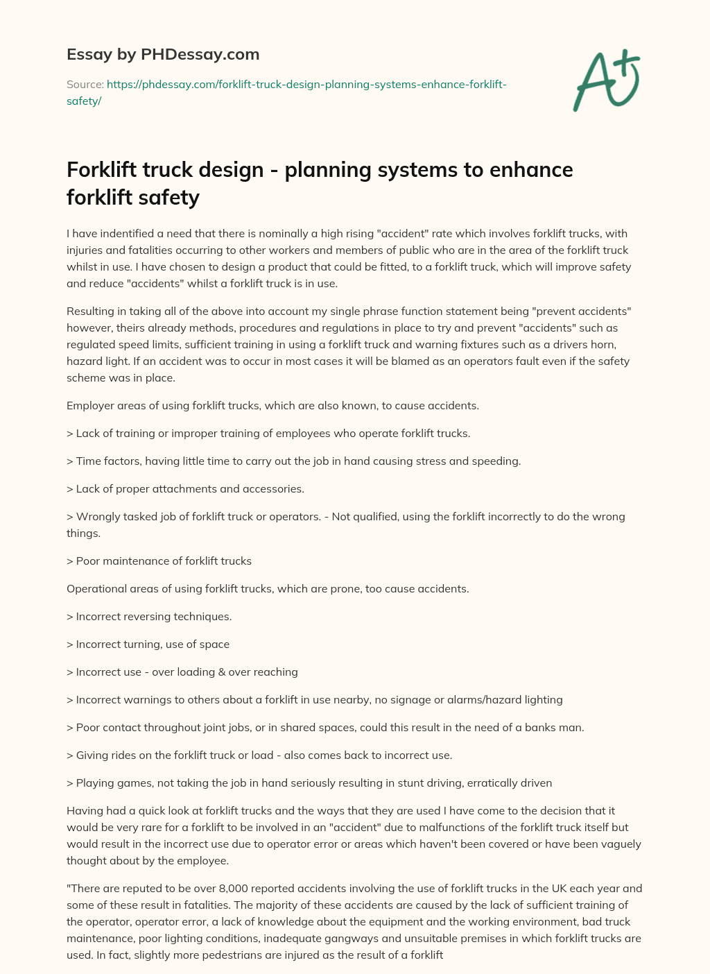 Forklift truck design – planning systems to enhance forklift safety essay